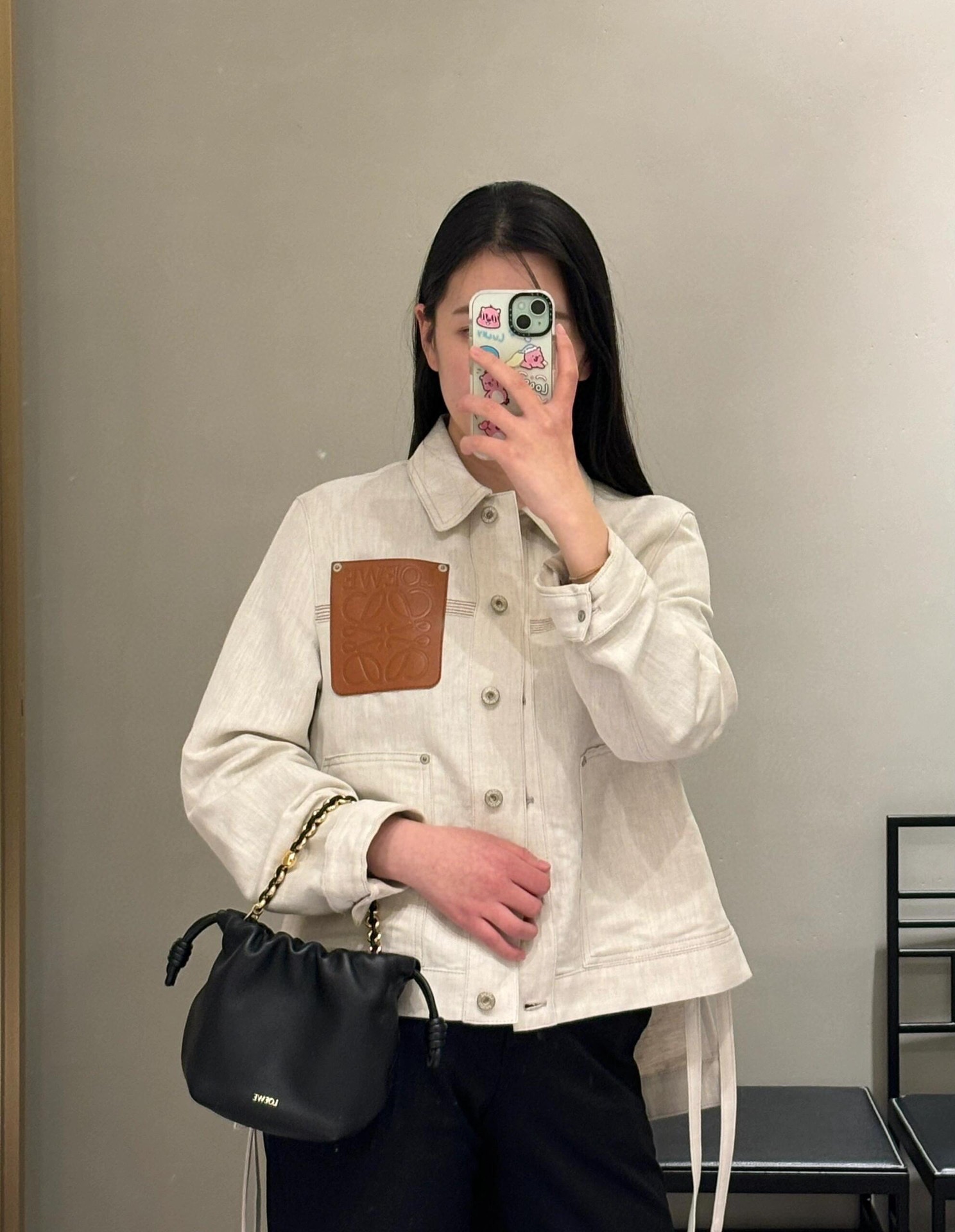 L style Denim jacket with leather patch pockets and lapel