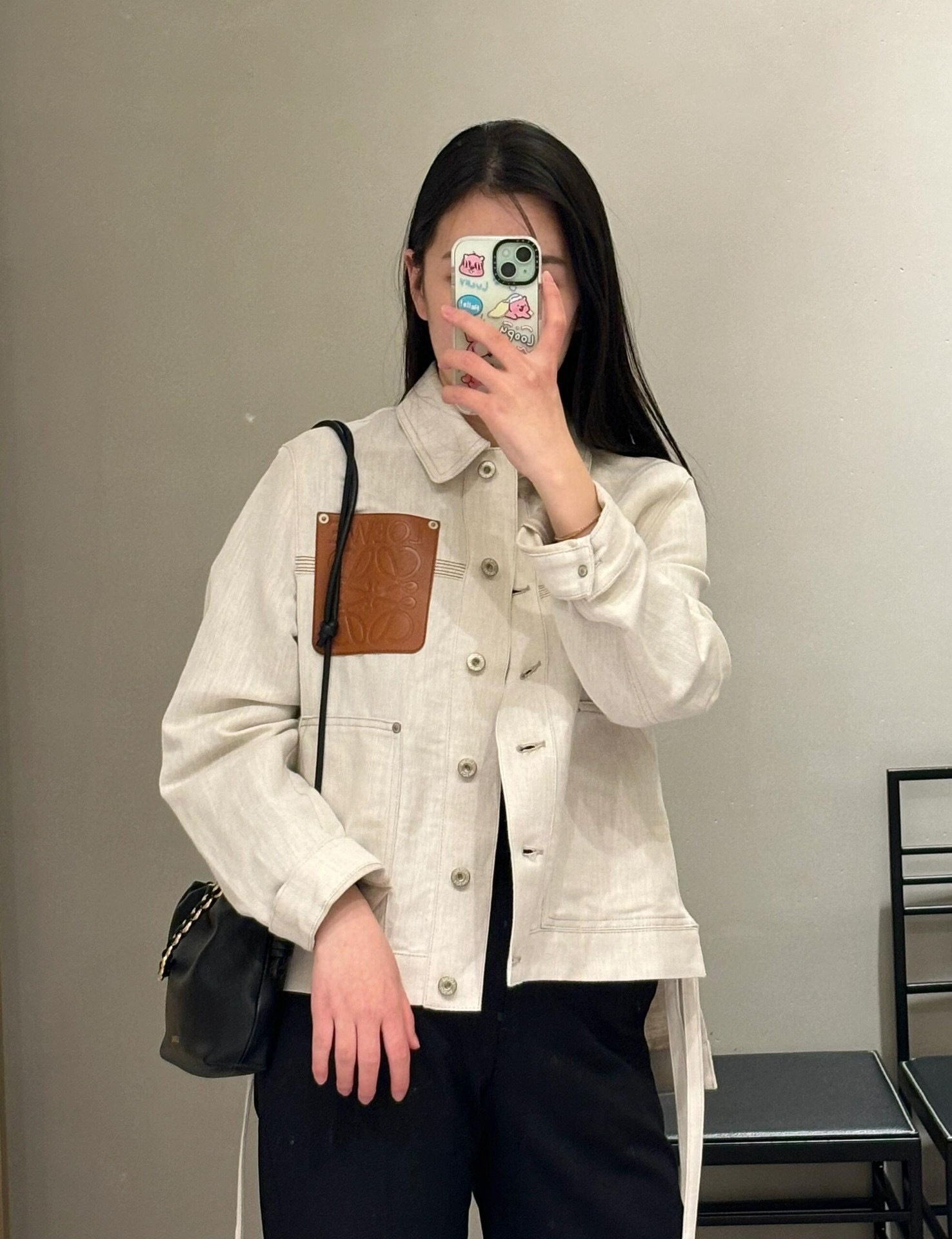 L style Denim jacket with leather patch pockets and lapel