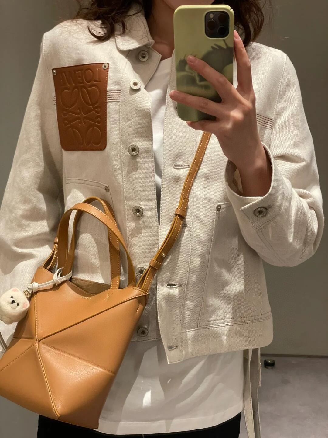 L style Denim jacket with leather patch pockets and lapel