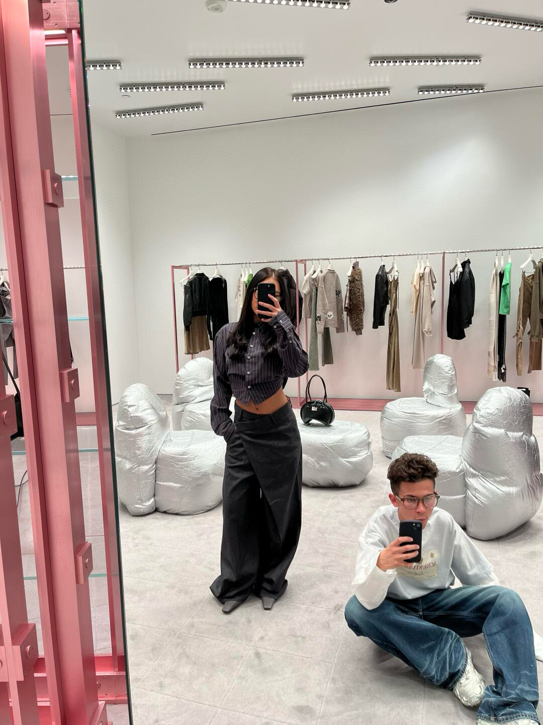 C style Vertical striped loose cropped long-sleeved shirt