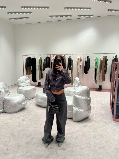 C style Vertical striped loose cropped long-sleeved shirt