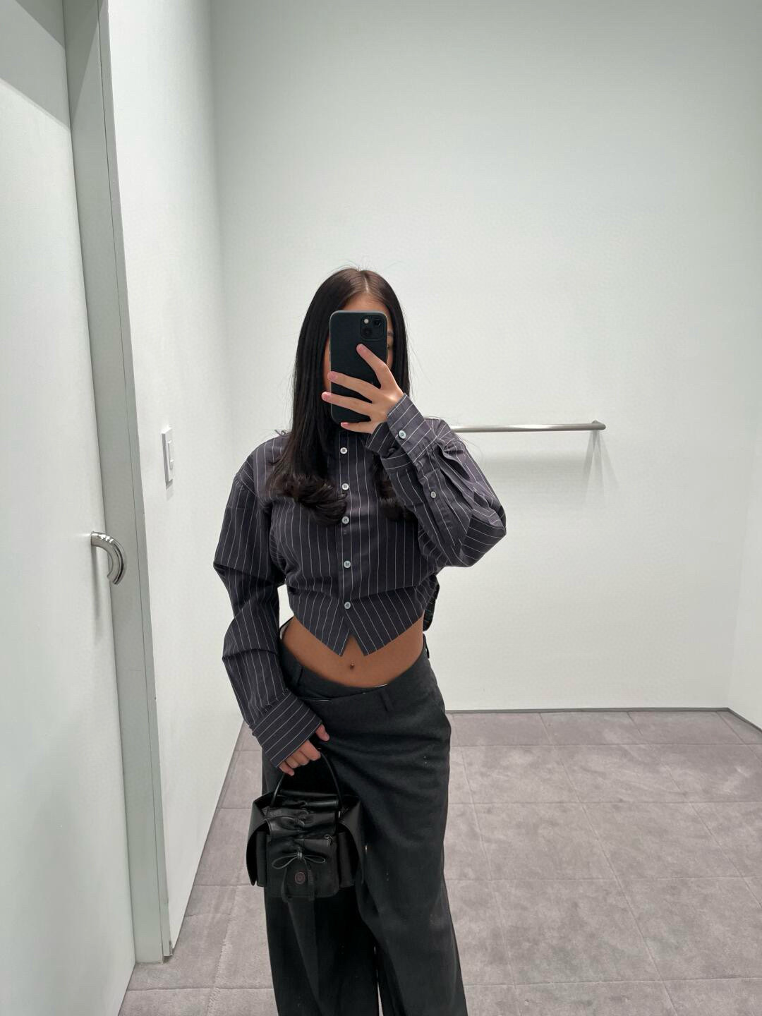 C style Vertical striped loose cropped long-sleeved shirt