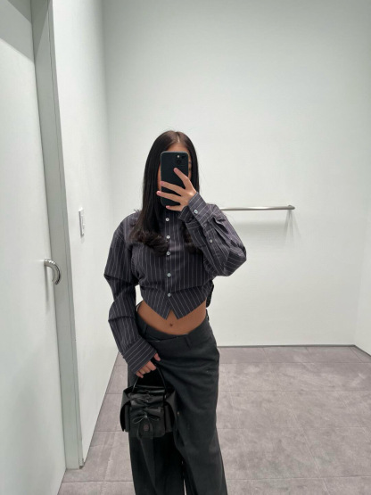 C style Vertical striped loose cropped long-sleeved shirt