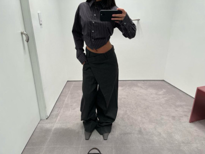 C style Vertical striped loose cropped long-sleeved shirt