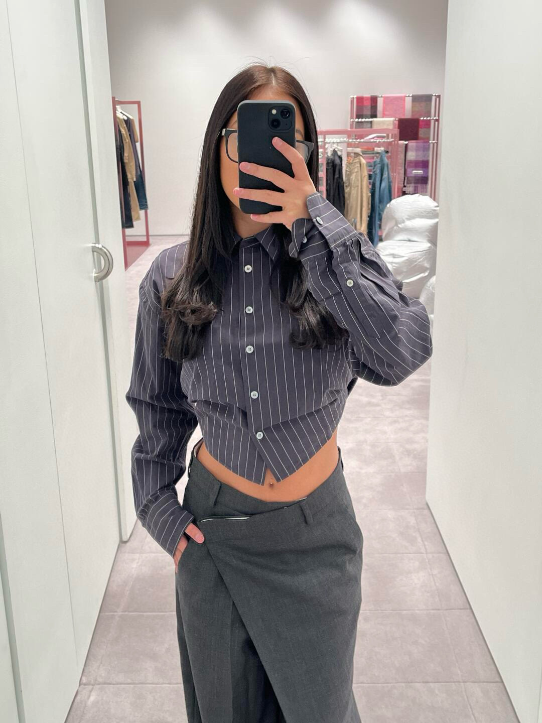 C style Vertical striped loose cropped long-sleeved shirt