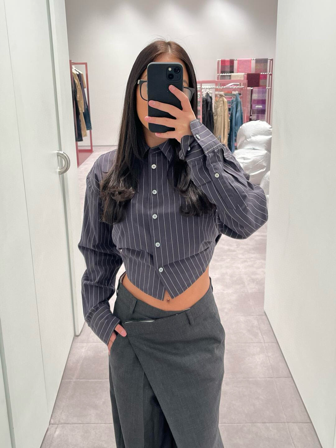 C style Vertical striped loose cropped long-sleeved shirt