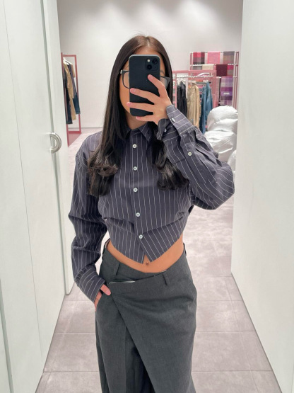 C style Vertical striped loose cropped long-sleeved shirt