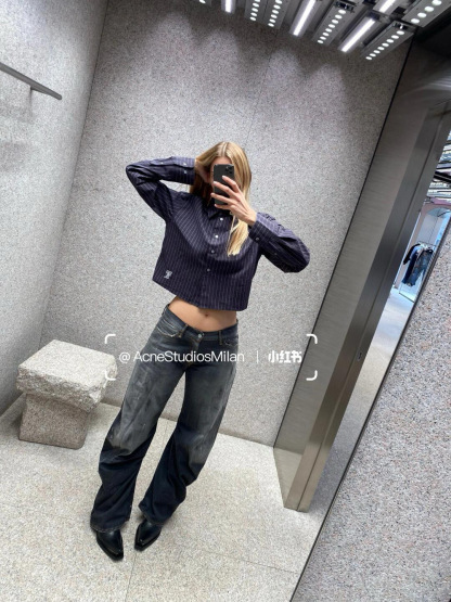 C style Vertical striped loose cropped long-sleeved shirt