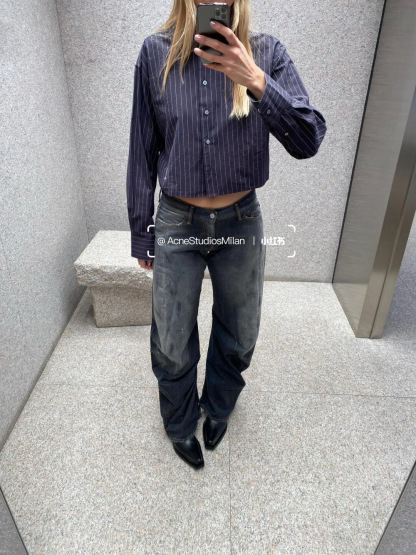 C style Vertical striped loose cropped long-sleeved shirt