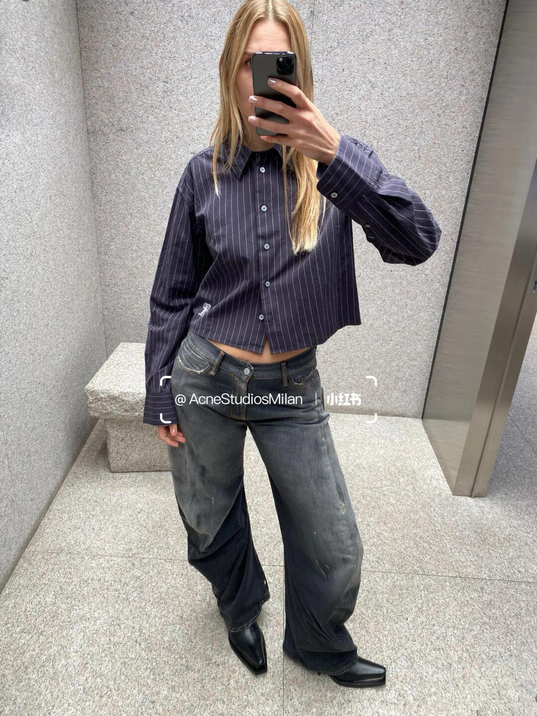 C style Vertical striped loose cropped long-sleeved shirt