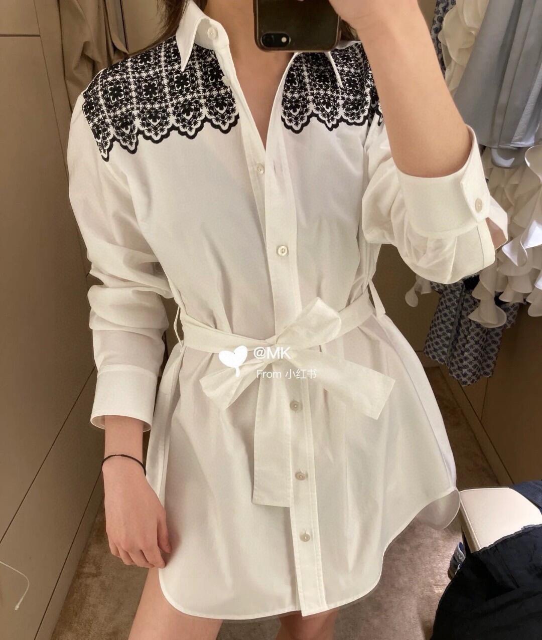 L style Shoulder embroidery tie dress