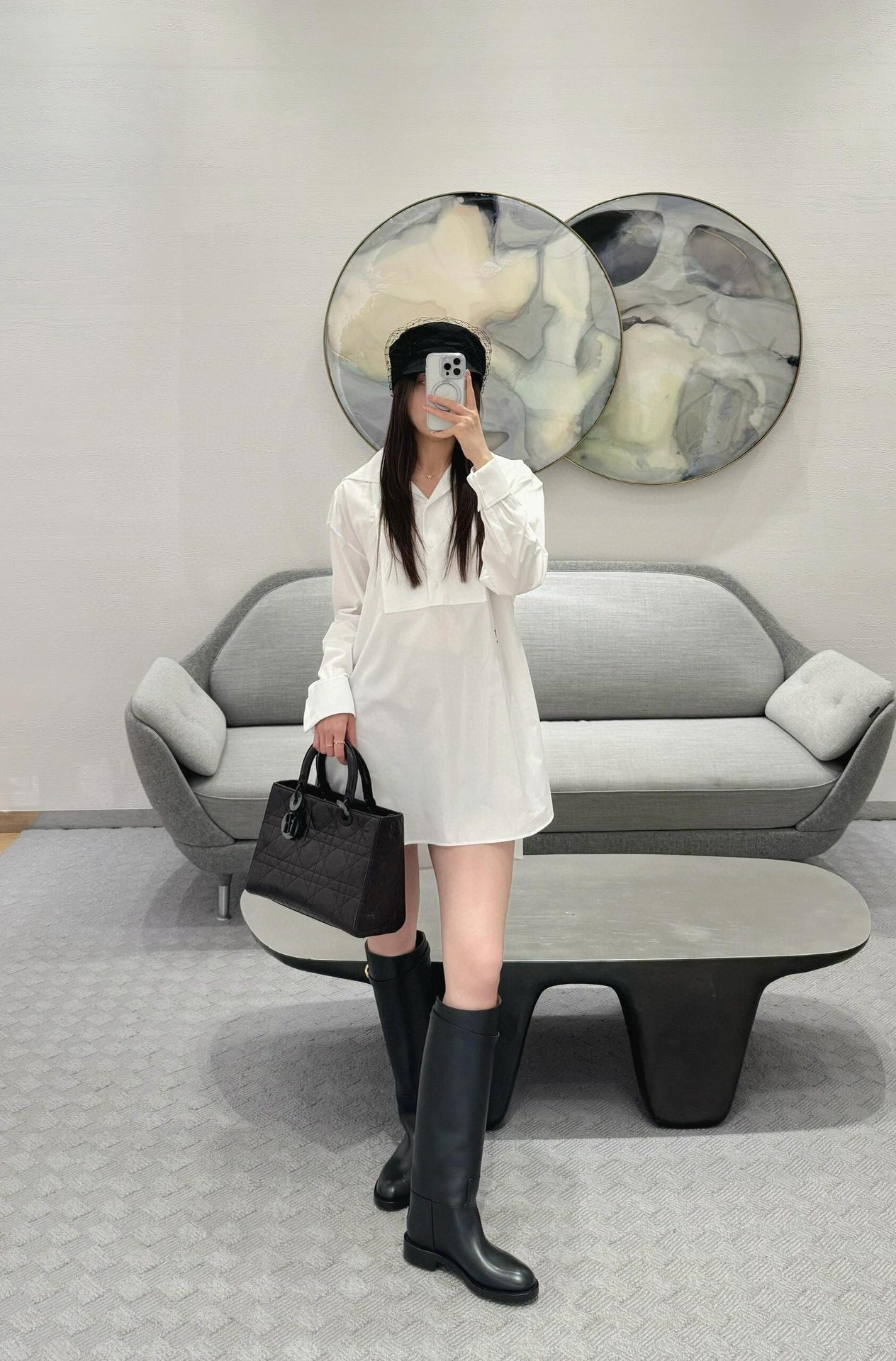 D style Minimalist white long-sleeved shirt dress