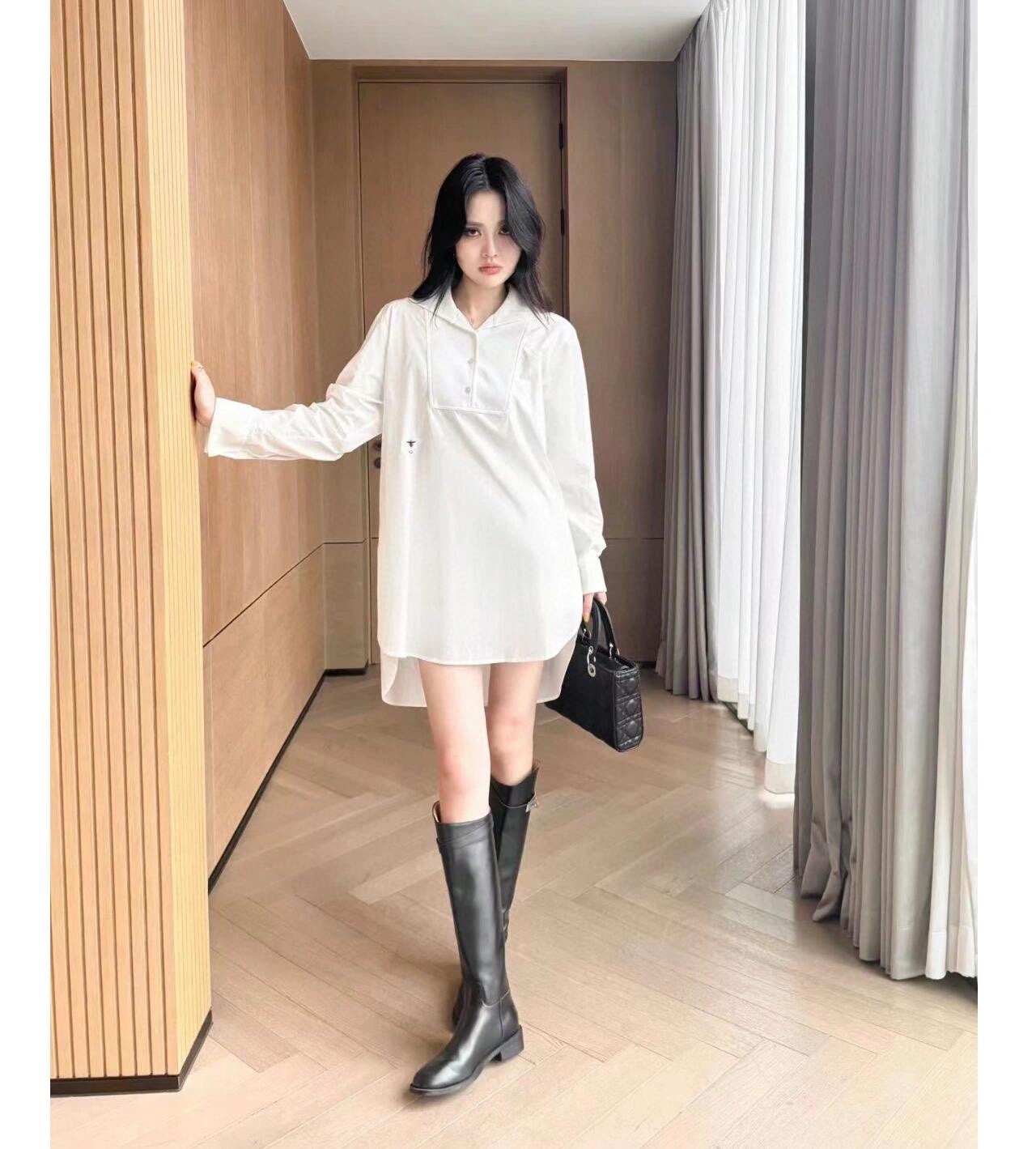 D style Minimalist white long-sleeved shirt dress