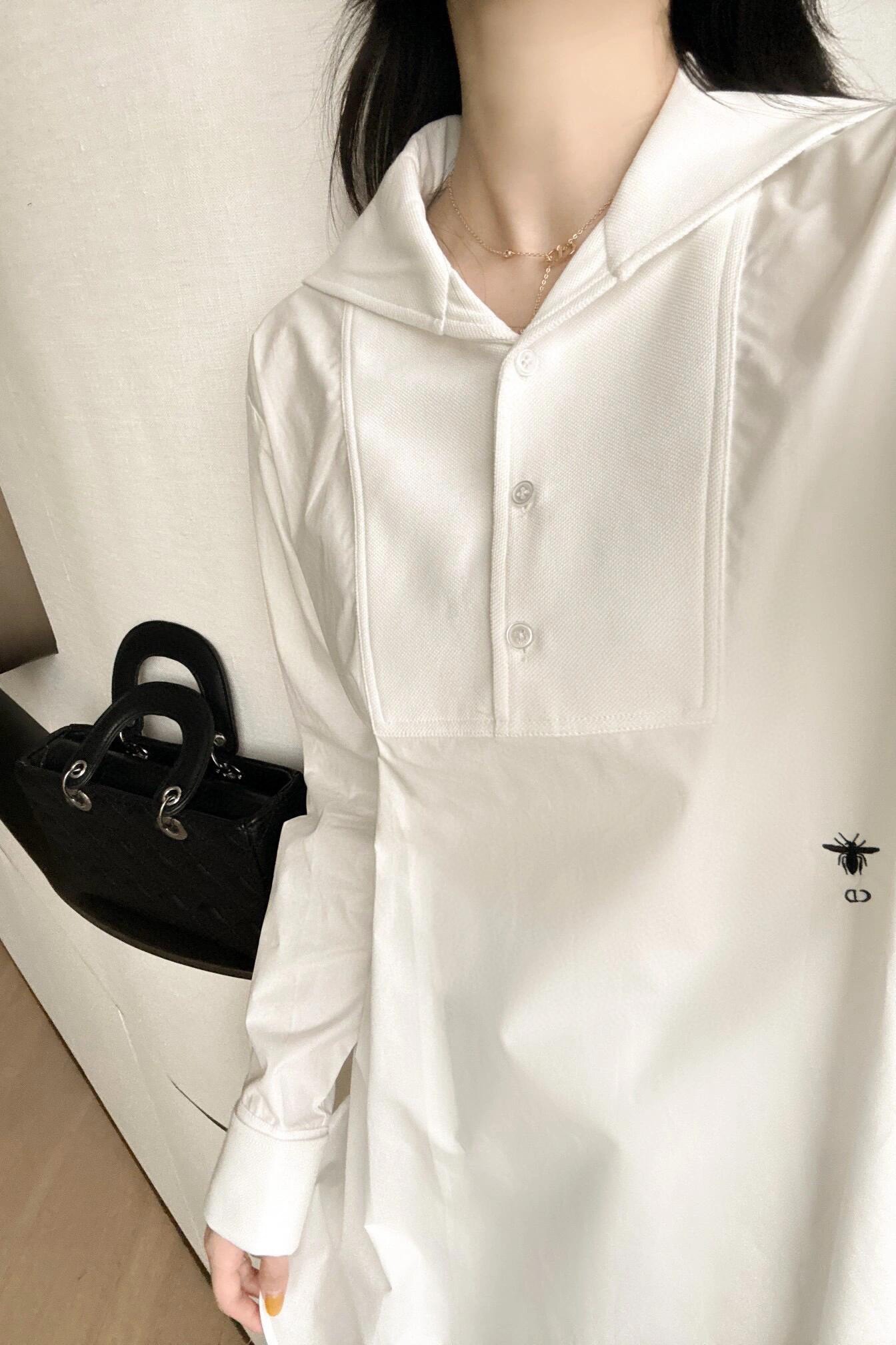 D style Minimalist white long-sleeved shirt dress