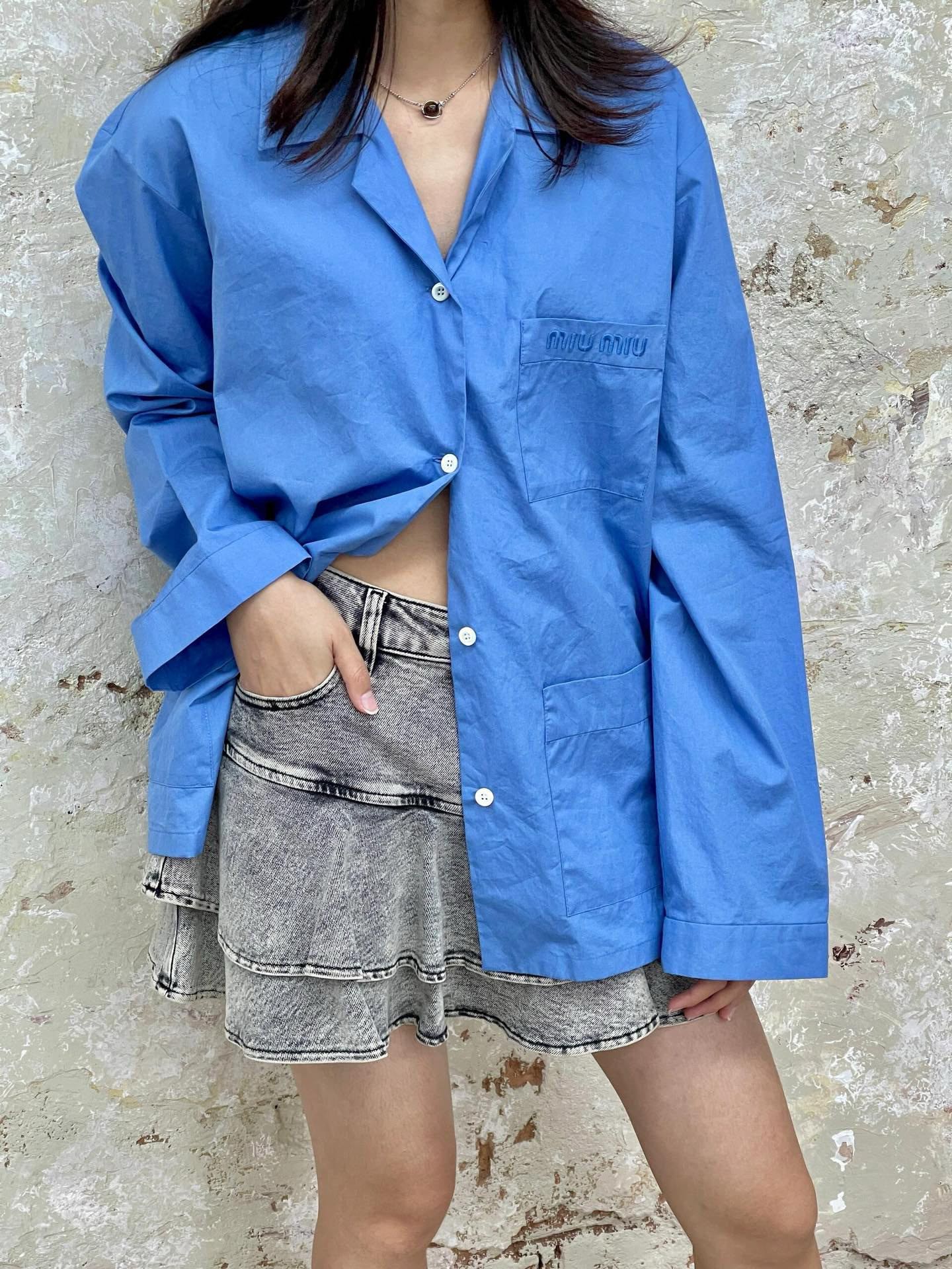 M style Embroidered Lettering Pocket Cotton Poplin Long Sleeve Shirt