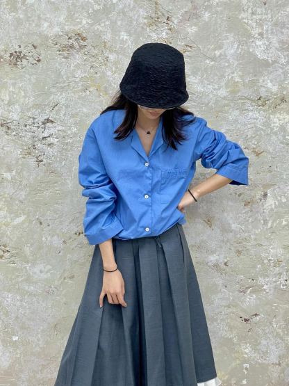 M style Embroidered Lettering Pocket Cotton Poplin Long Sleeve Shirt