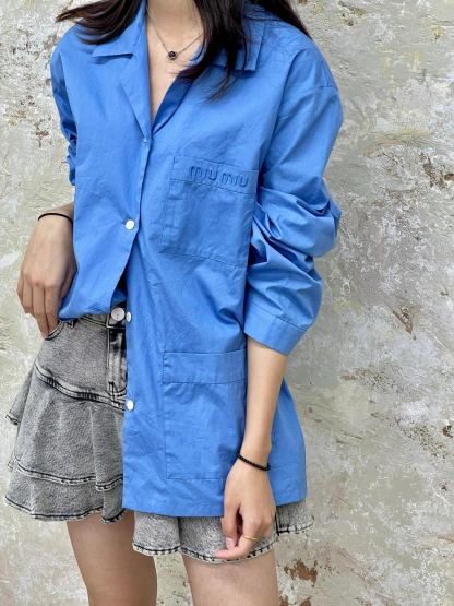 M style Embroidered Lettering Pocket Cotton Poplin Long Sleeve Shirt