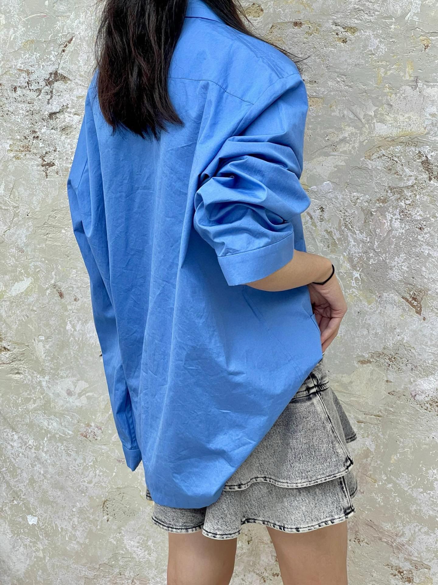 M style Embroidered Lettering Pocket Cotton Poplin Long Sleeve Shirt