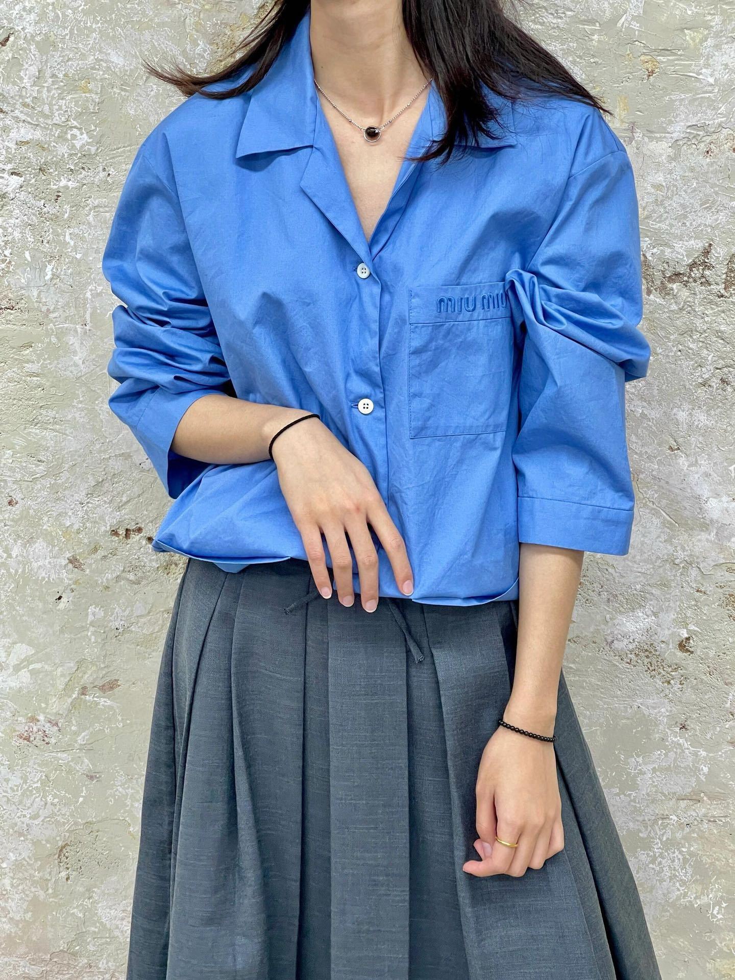 M style Embroidered Lettering Pocket Cotton Poplin Long Sleeve Shirt