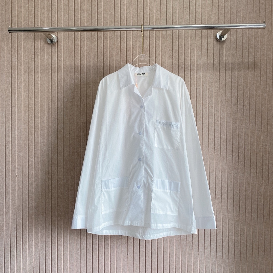 M style Embroidered Lettering Pocket Cotton Poplin Long Sleeve Shirt