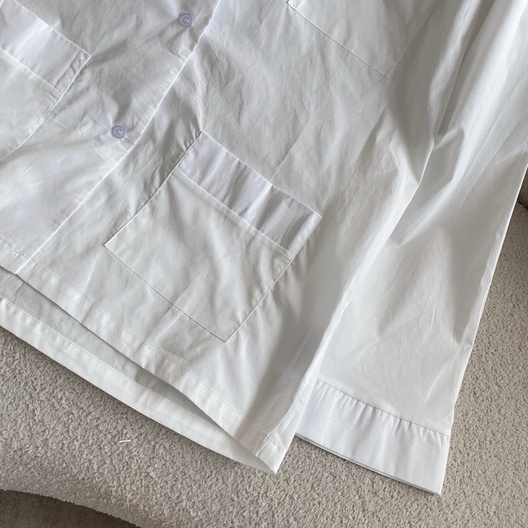 M style Embroidered Lettering Pocket Cotton Poplin Long Sleeve Shirt