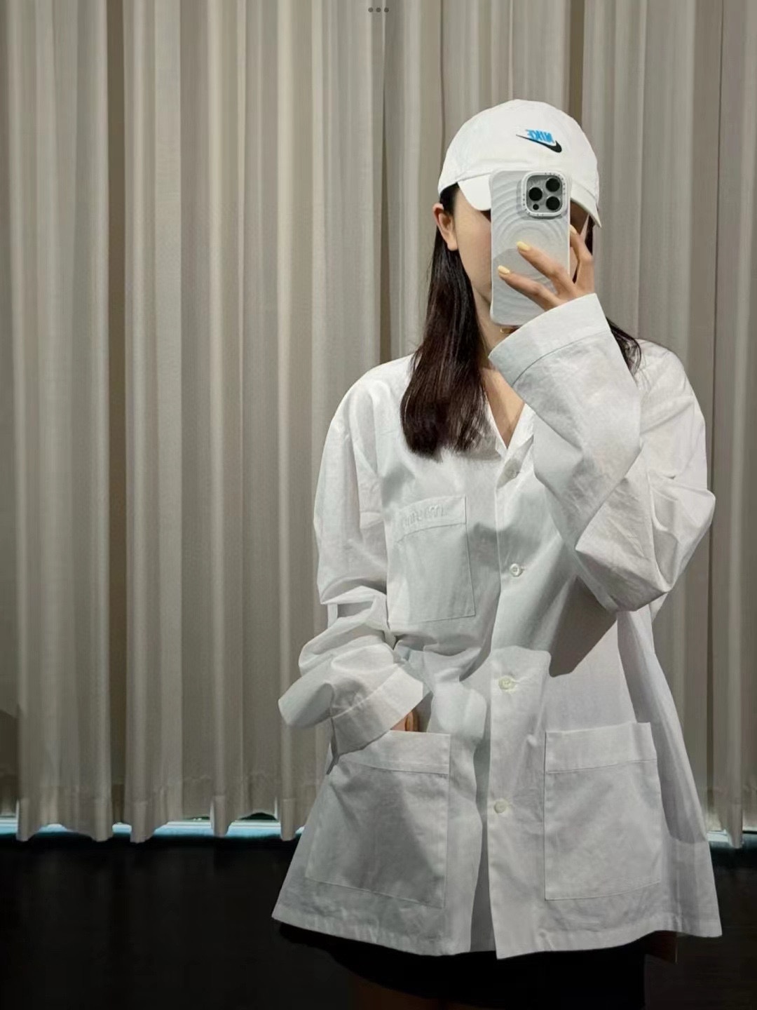 M style Embroidered Lettering Pocket Cotton Poplin Long Sleeve Shirt