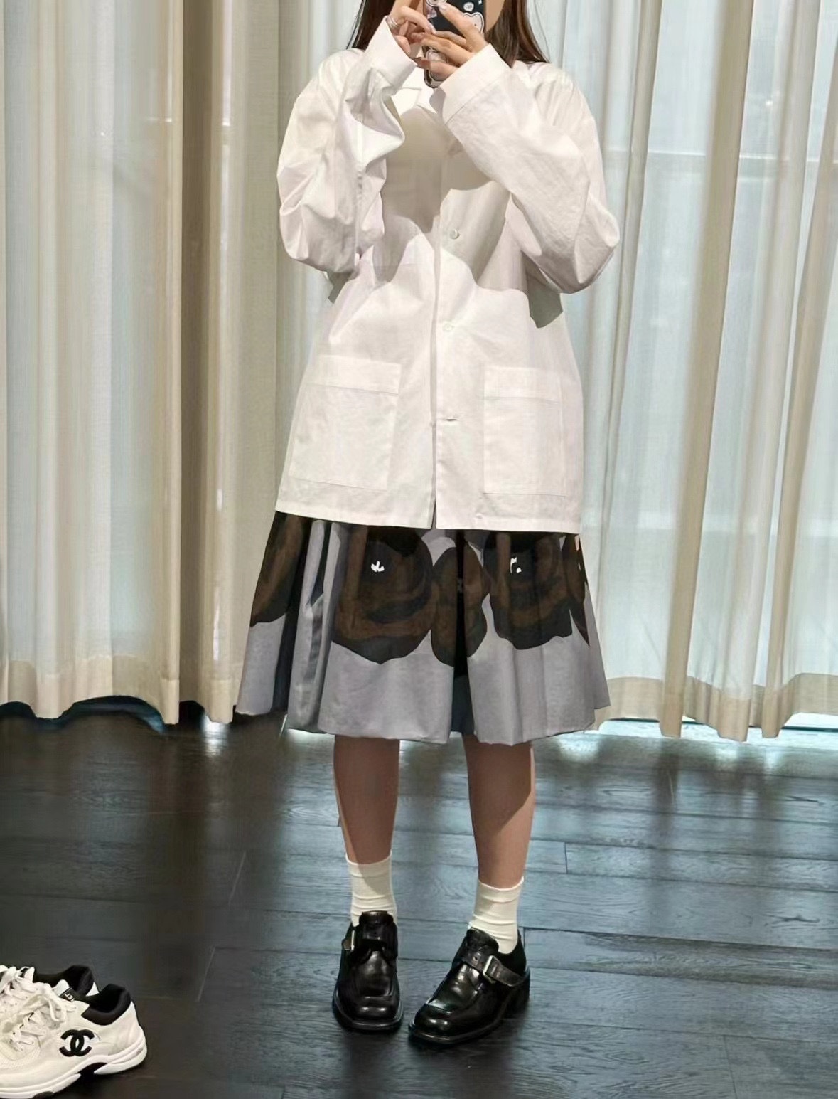 M style Embroidered Lettering Pocket Cotton Poplin Long Sleeve Shirt