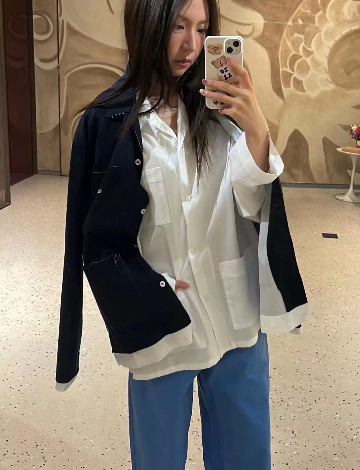 M style Embroidered Lettering Pocket Cotton Poplin Long Sleeve Shirt