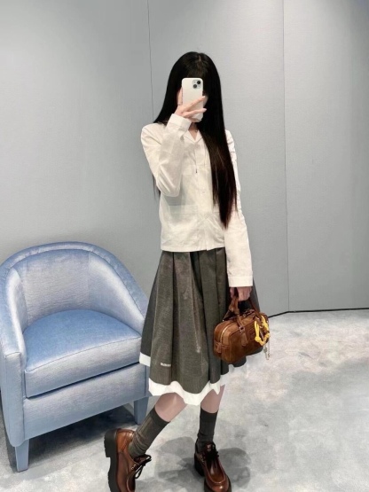 M style Embroidered Lettering Pocket Cotton Poplin Long Sleeve Shirt