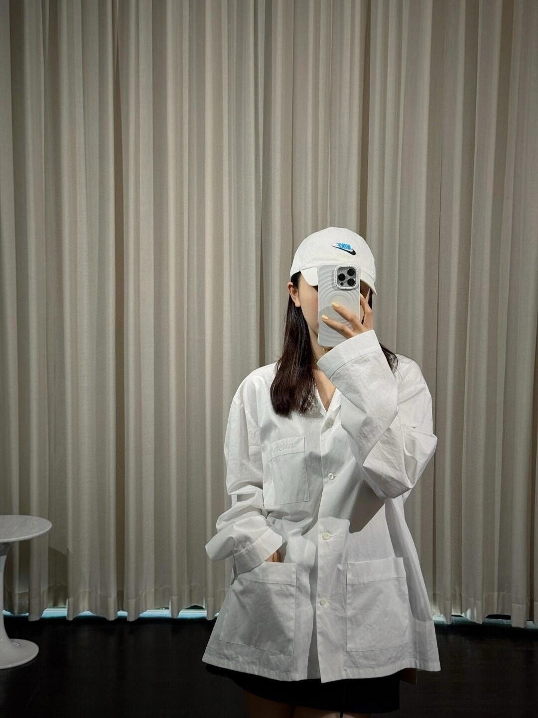 M style Embroidered Lettering Pocket Cotton Poplin Long Sleeve Shirt