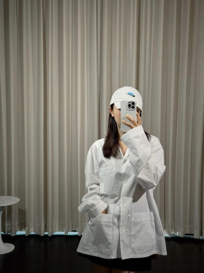 M style Embroidered Lettering Pocket Cotton Poplin Long Sleeve Shirt