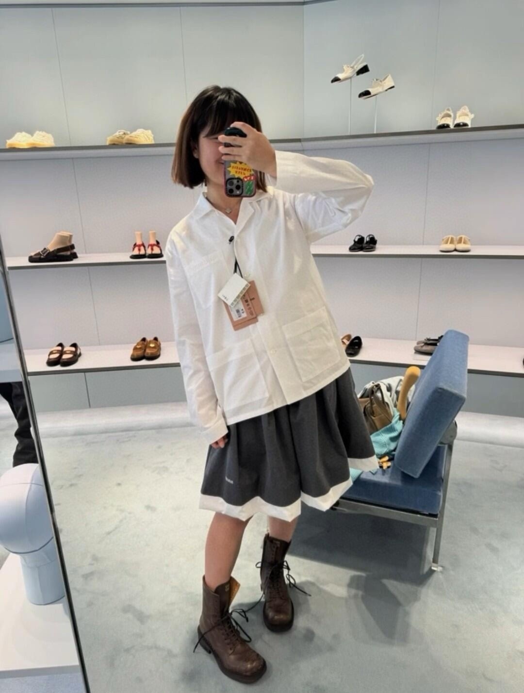 M style Embroidered Lettering Pocket Cotton Poplin Long Sleeve Shirt