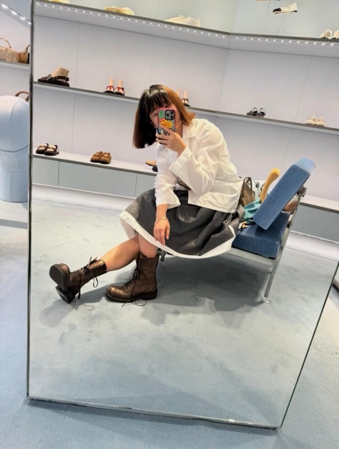 M style Embroidered Lettering Pocket Cotton Poplin Long Sleeve Shirt