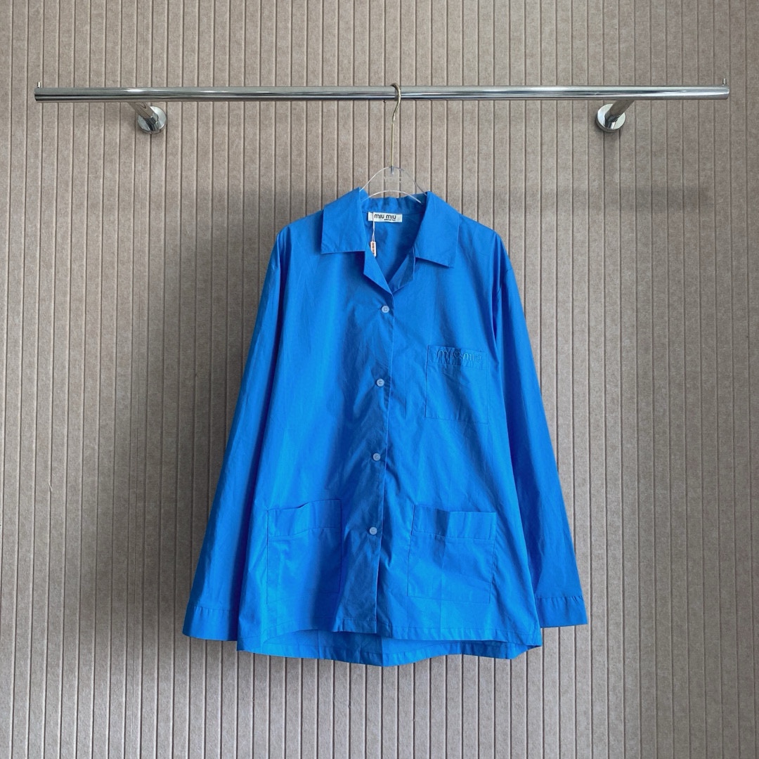 M style Embroidered Lettering Pocket Cotton Poplin Long Sleeve Shirt