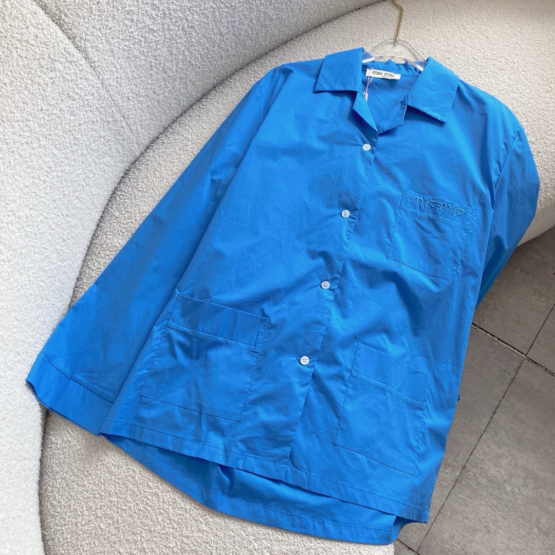 M style Embroidered Lettering Pocket Cotton Poplin Long Sleeve Shirt