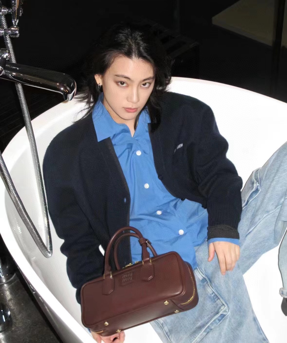 M style Embroidered Lettering Pocket Cotton Poplin Long Sleeve Shirt