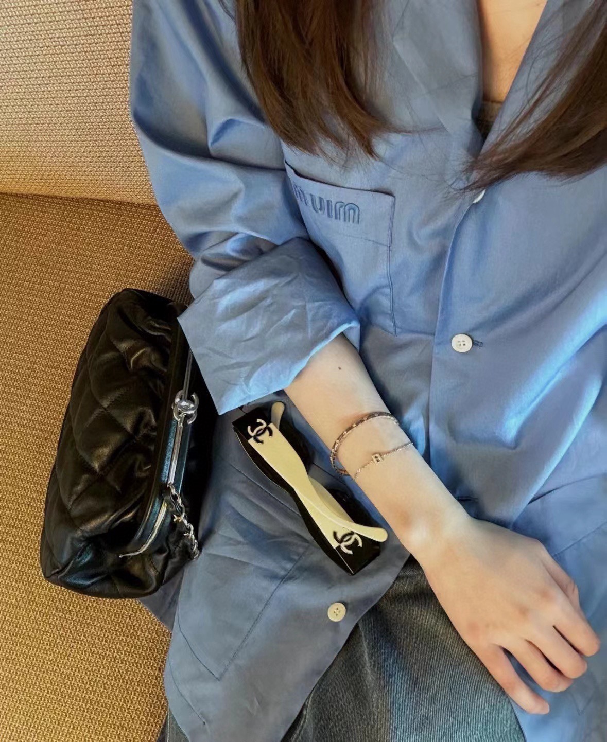 M style Embroidered Lettering Pocket Cotton Poplin Long Sleeve Shirt