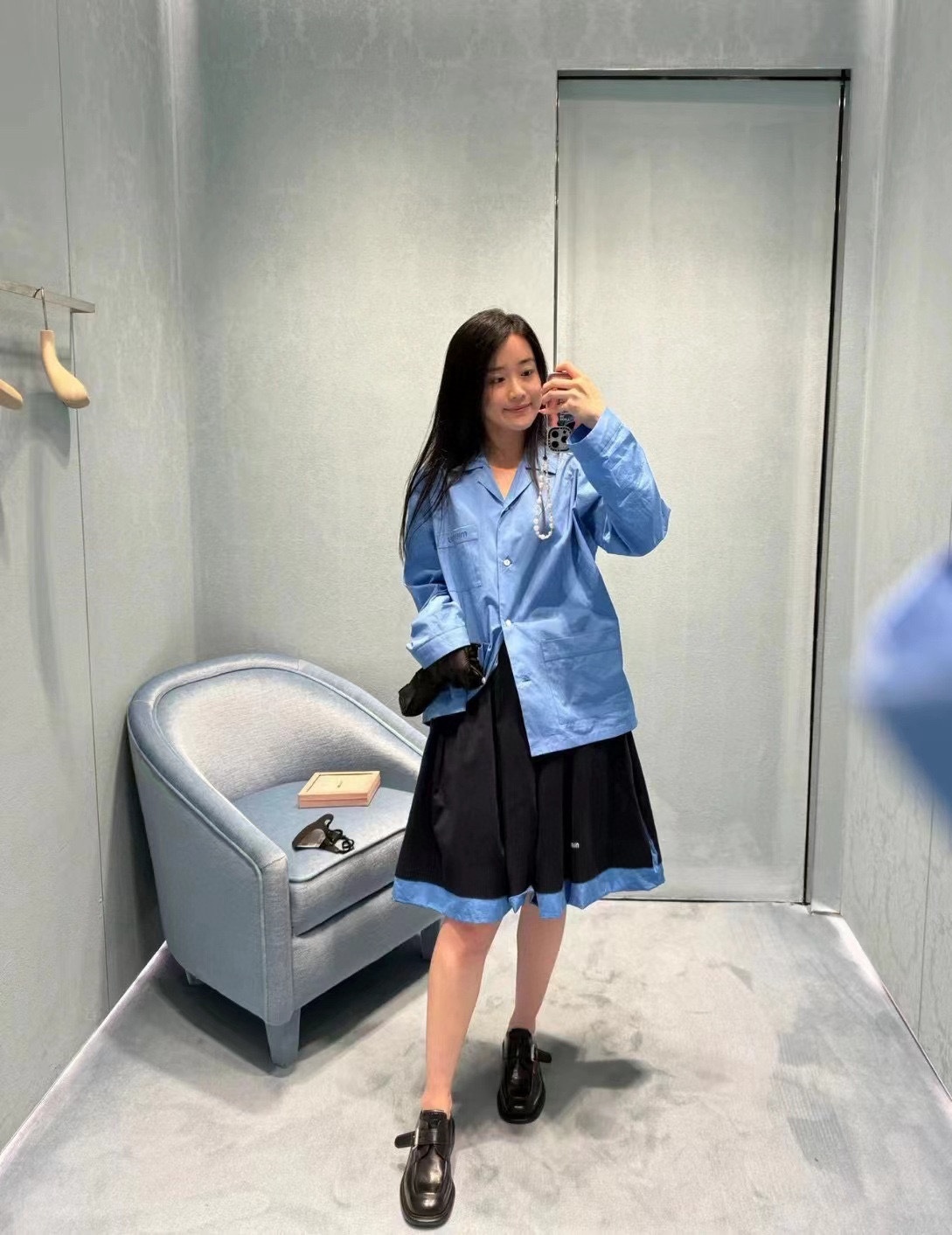 M style Embroidered Lettering Pocket Cotton Poplin Long Sleeve Shirt