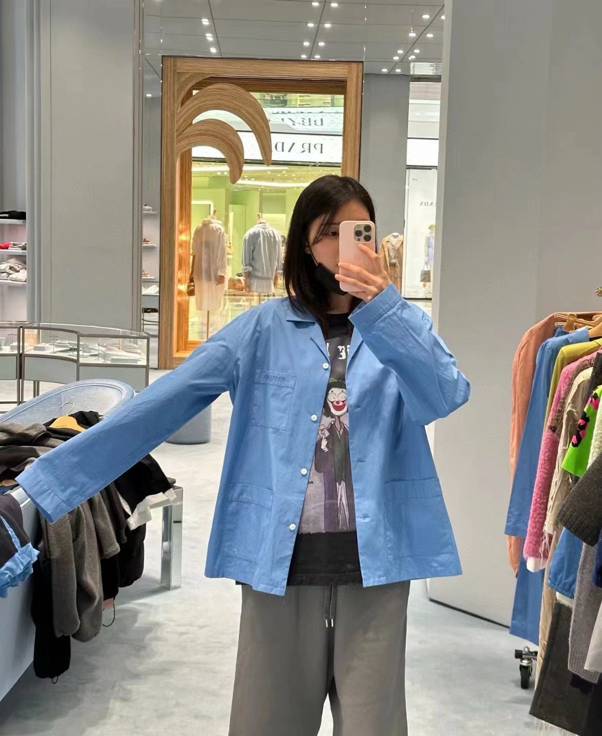 M style Embroidered Lettering Pocket Cotton Poplin Long Sleeve Shirt