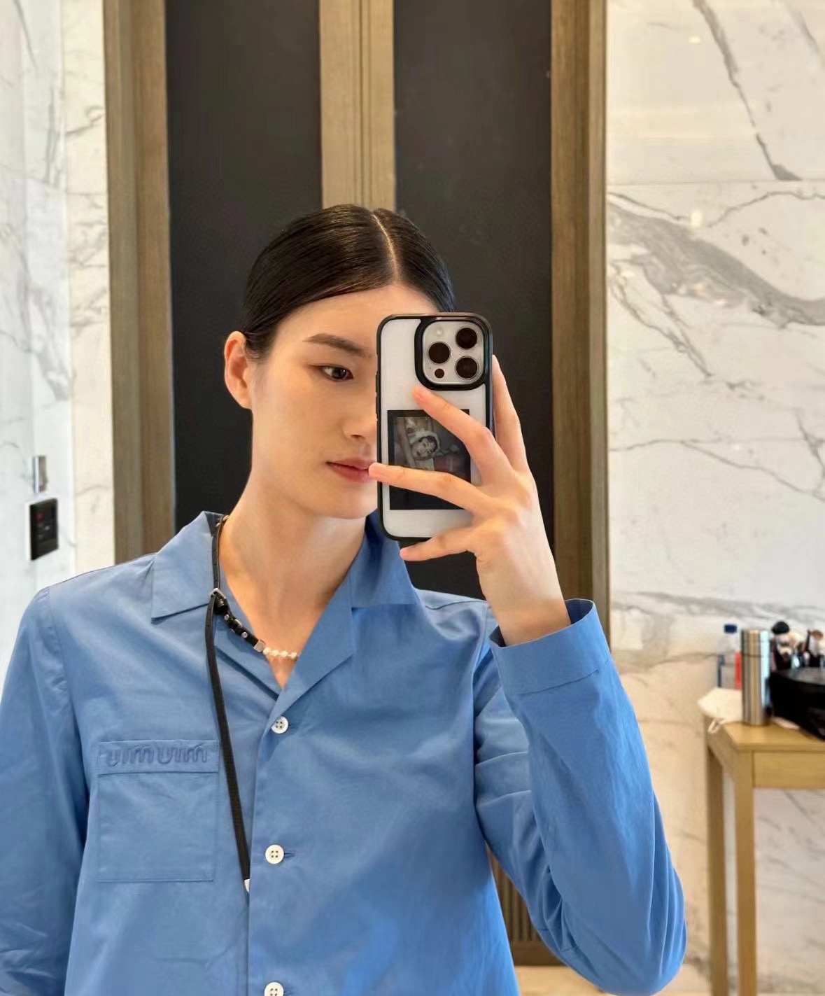 M style Embroidered Lettering Pocket Cotton Poplin Long Sleeve Shirt