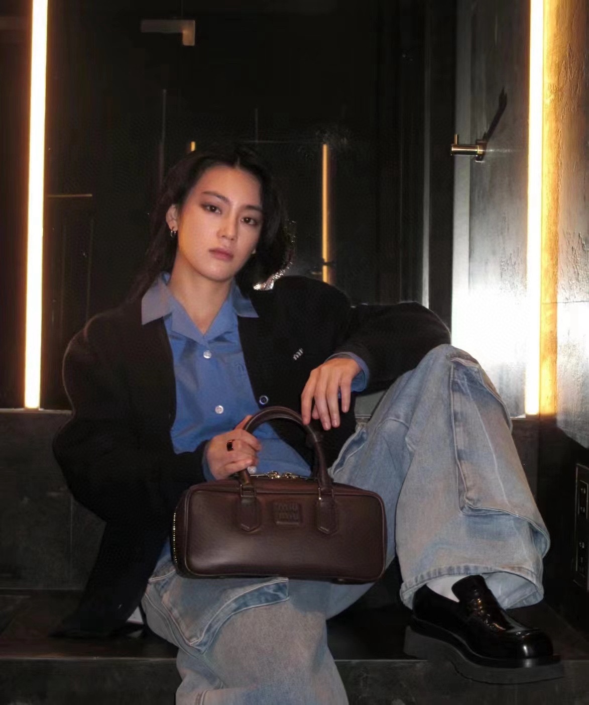 M style Embroidered Lettering Pocket Cotton Poplin Long Sleeve Shirt