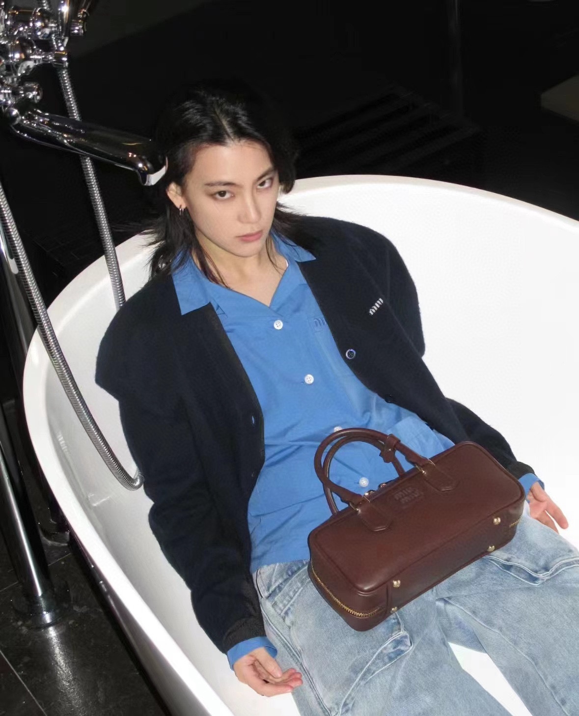 M style Embroidered Lettering Pocket Cotton Poplin Long Sleeve Shirt