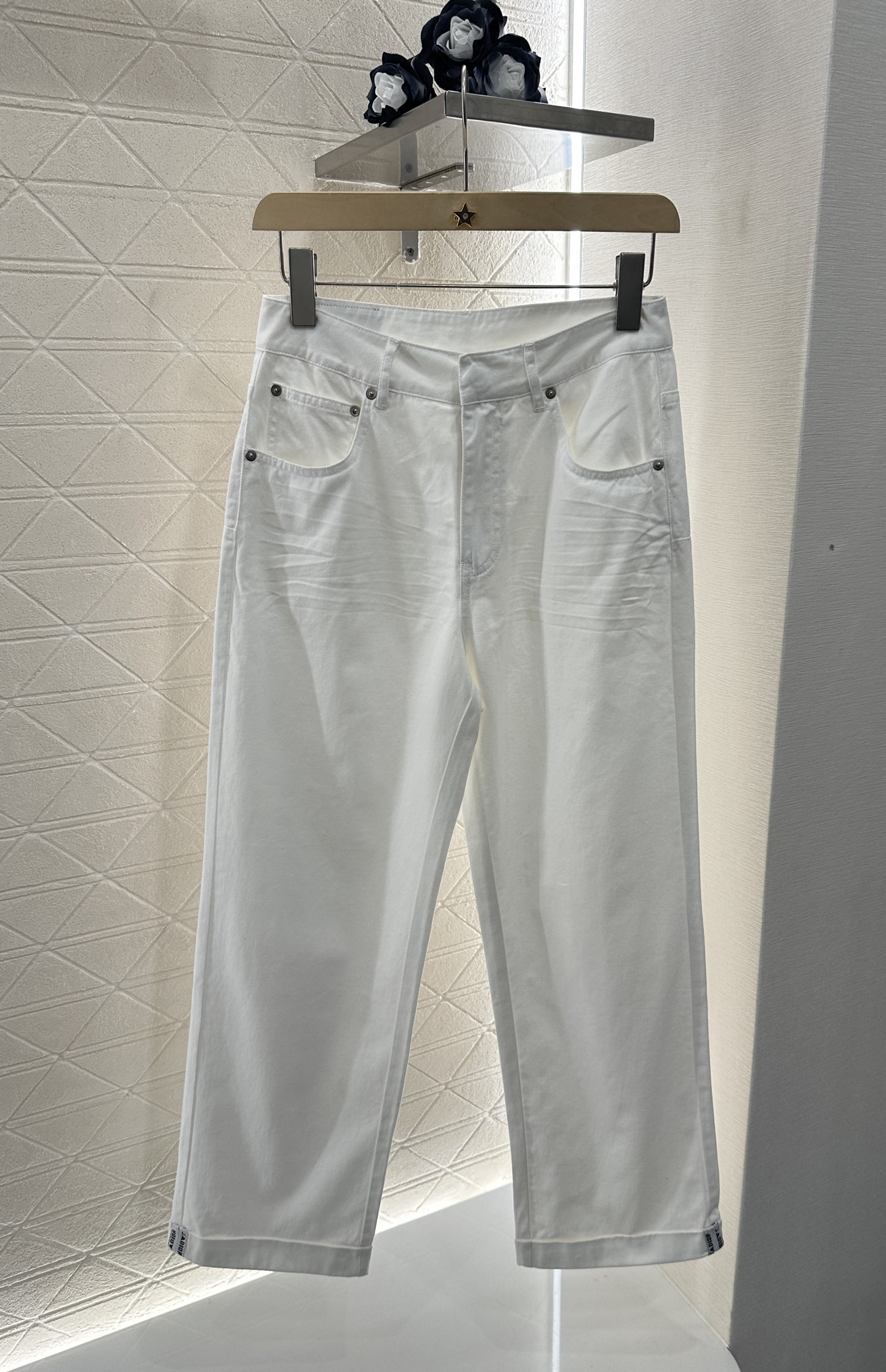 Denim webbing straight pants