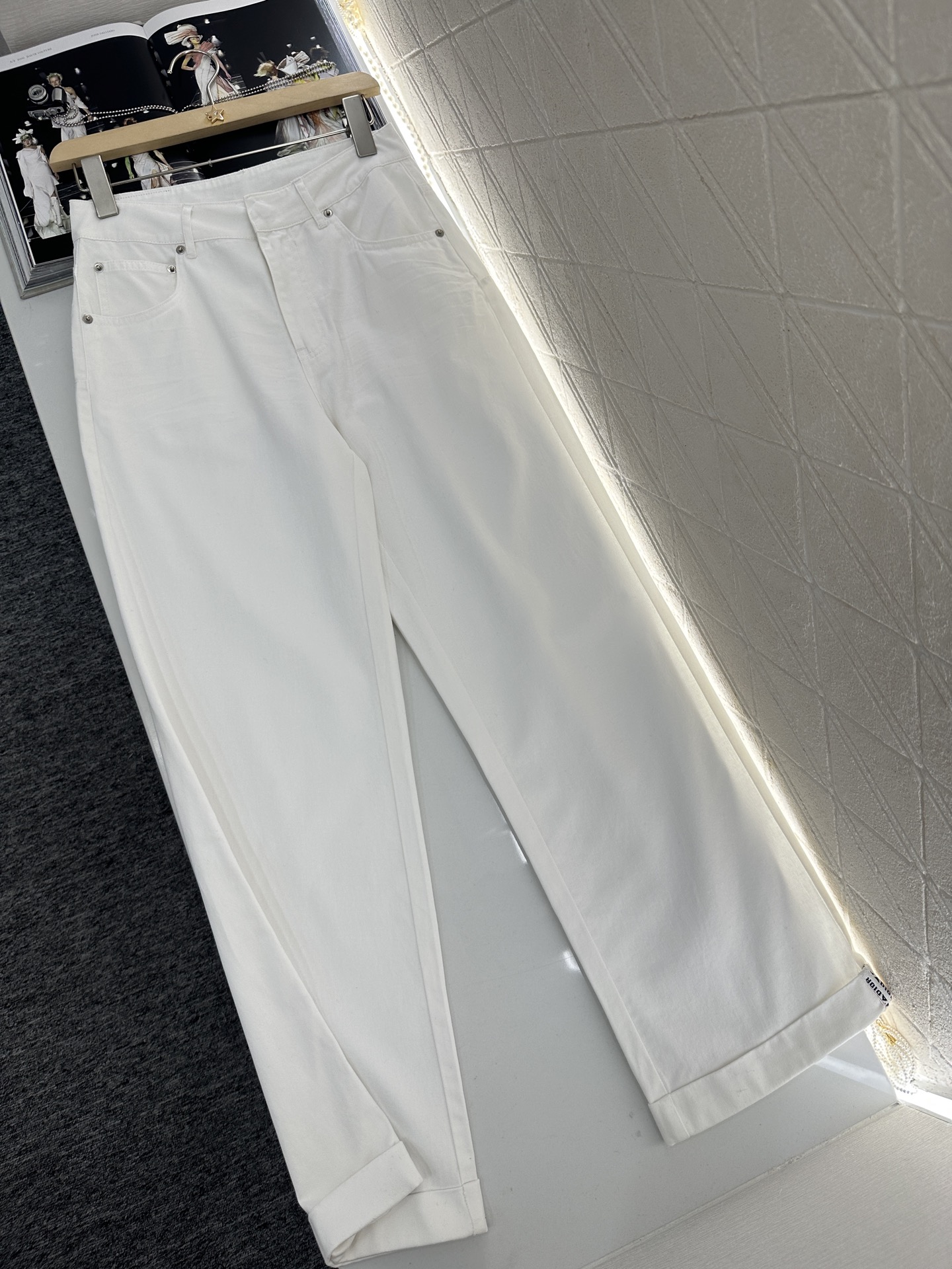 Denim webbing straight pants