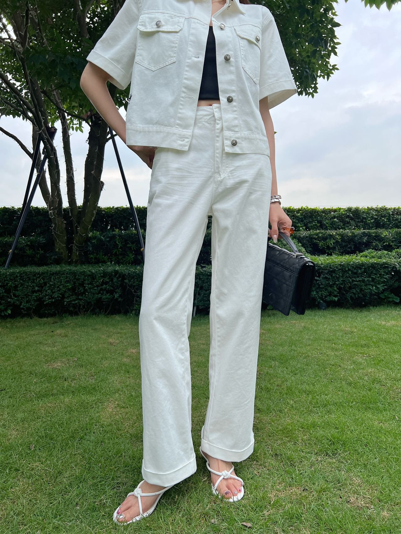 Denim webbing straight pants