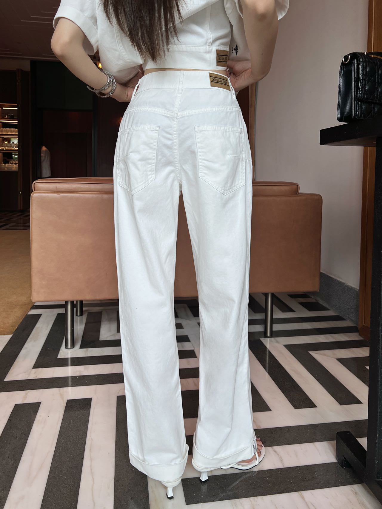 Denim webbing straight pants