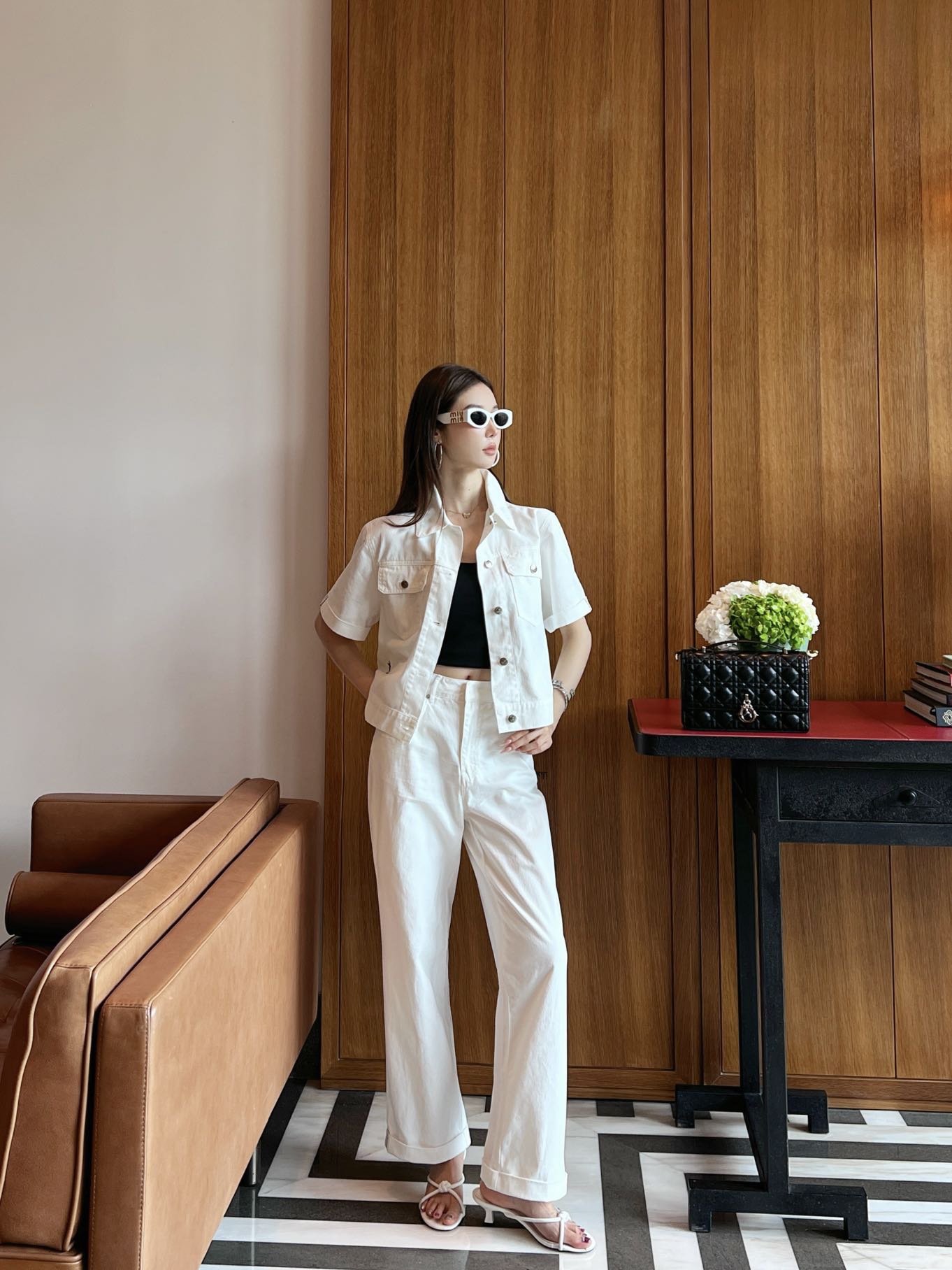 Denim webbing straight pants