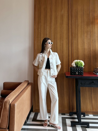 Denim webbing straight pants