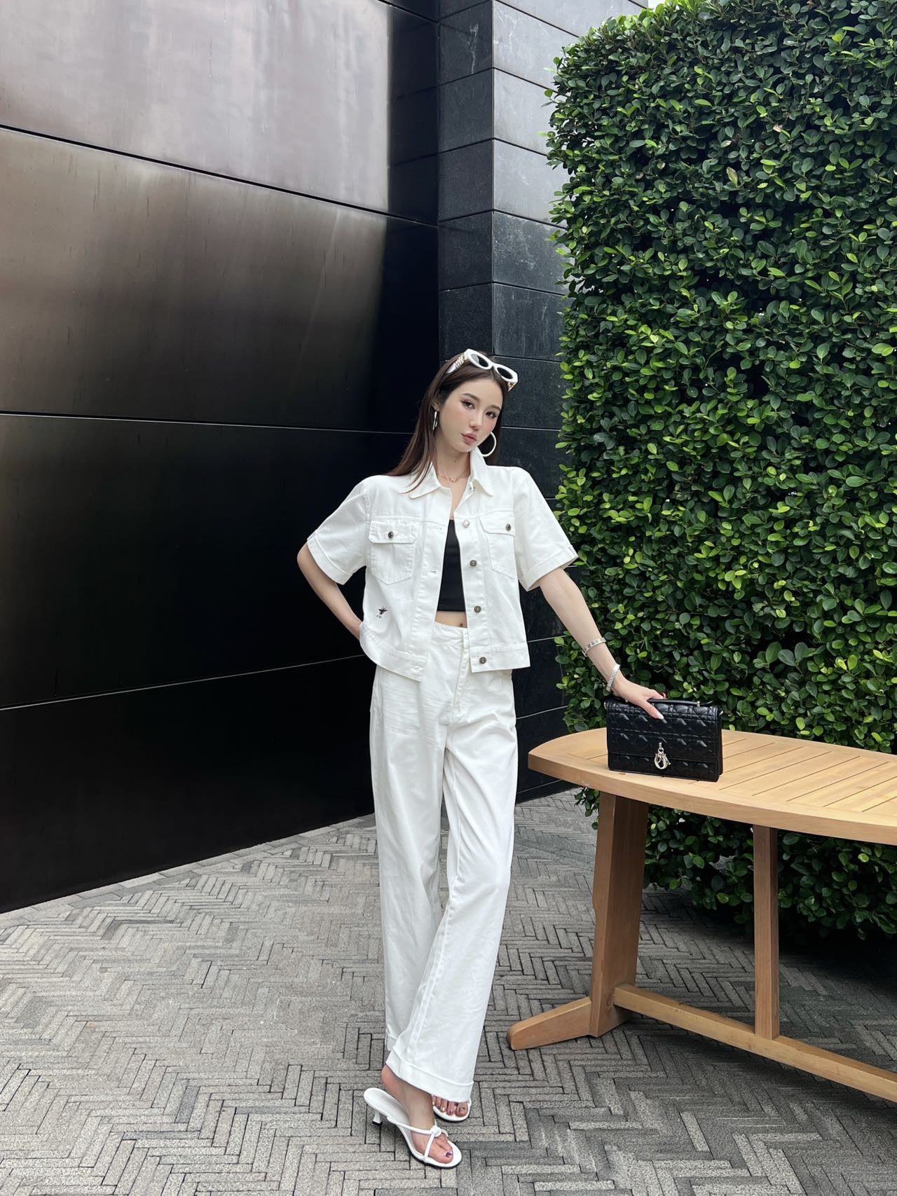 Denim webbing straight pants