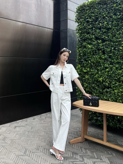 Denim webbing straight pants